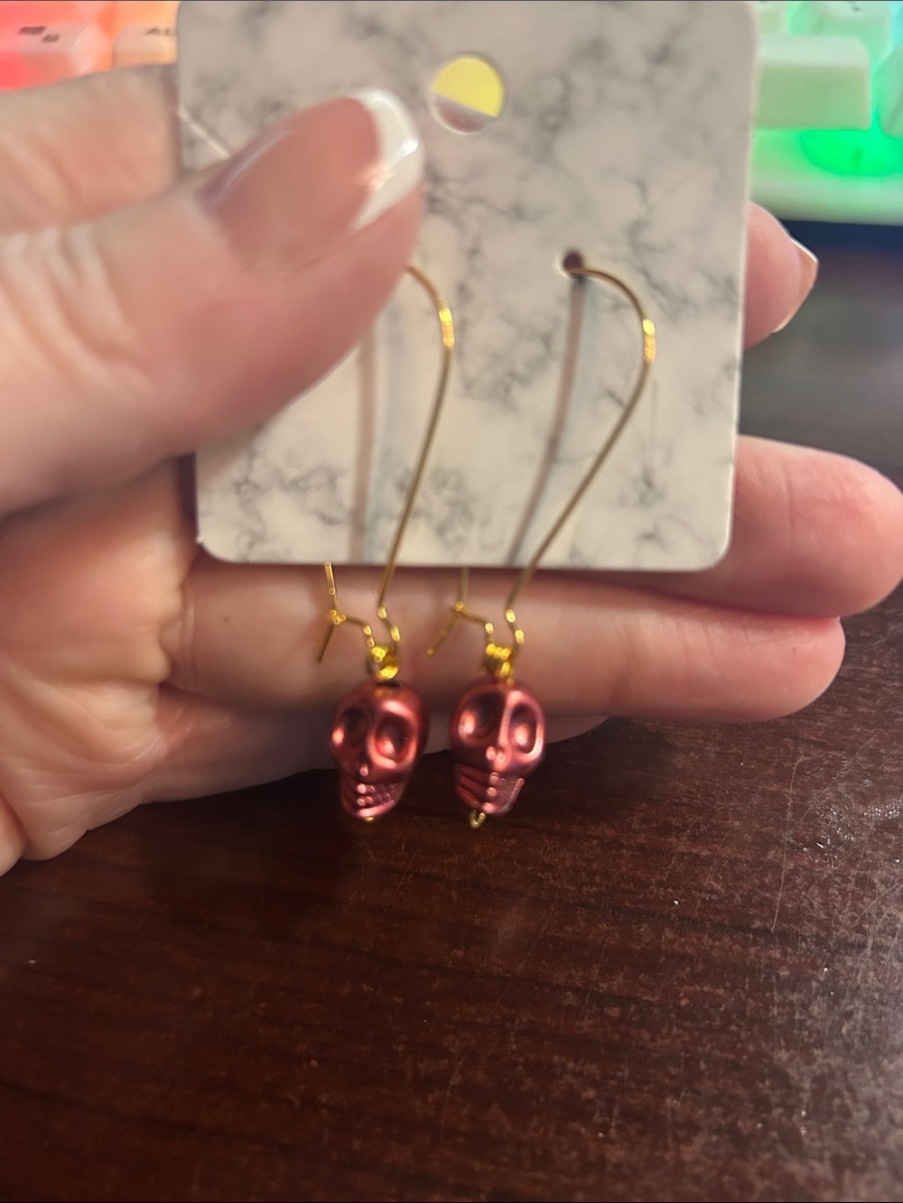 Gold Hook Earrings with Pink Skull Charms